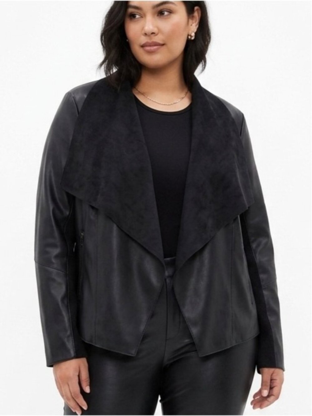 Bagatelle Black Faux Leather Flyaway Jacket with Draped Suede Collar XL